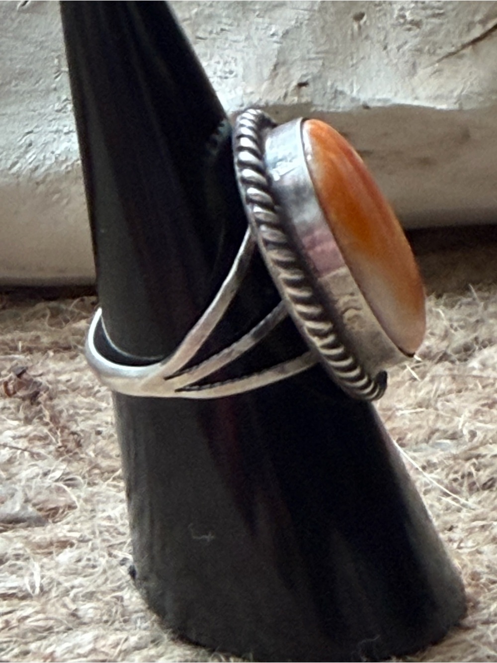 Handcrafted Native American Orange Spiny Stone Sterling Silver-Statement Ring - Picture 2 of 6